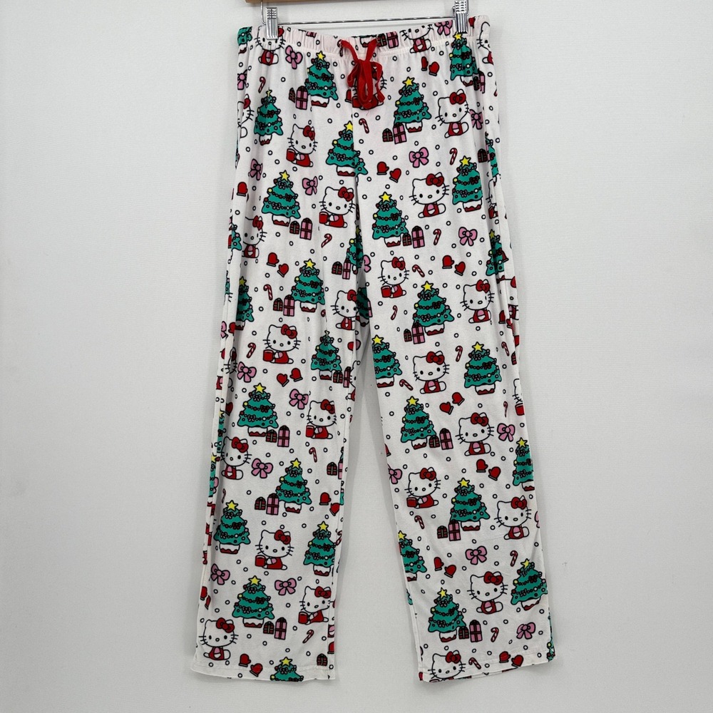 Hello Kitty Pajama Pants Womens Medium White Christmas Fleece Kawaii Holiday